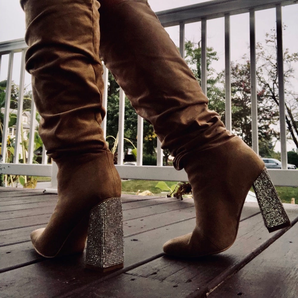 Knee high boots Diamond studded heel